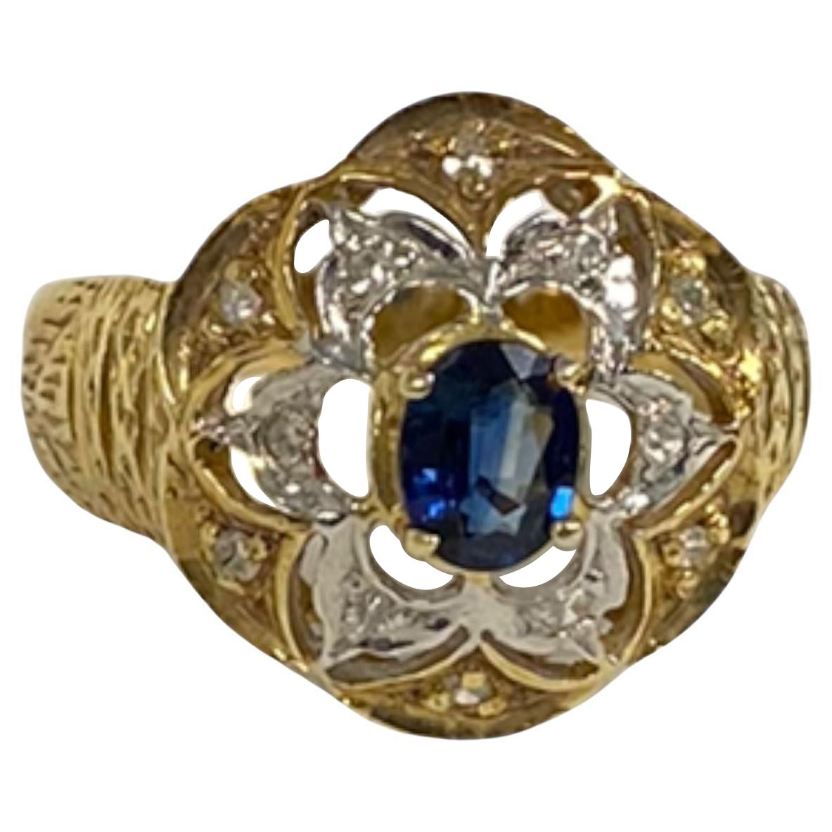 Suzy Levian 14K Yellow Gold Oval-Cut Sapphire White Diamond Vintage Flower Ring