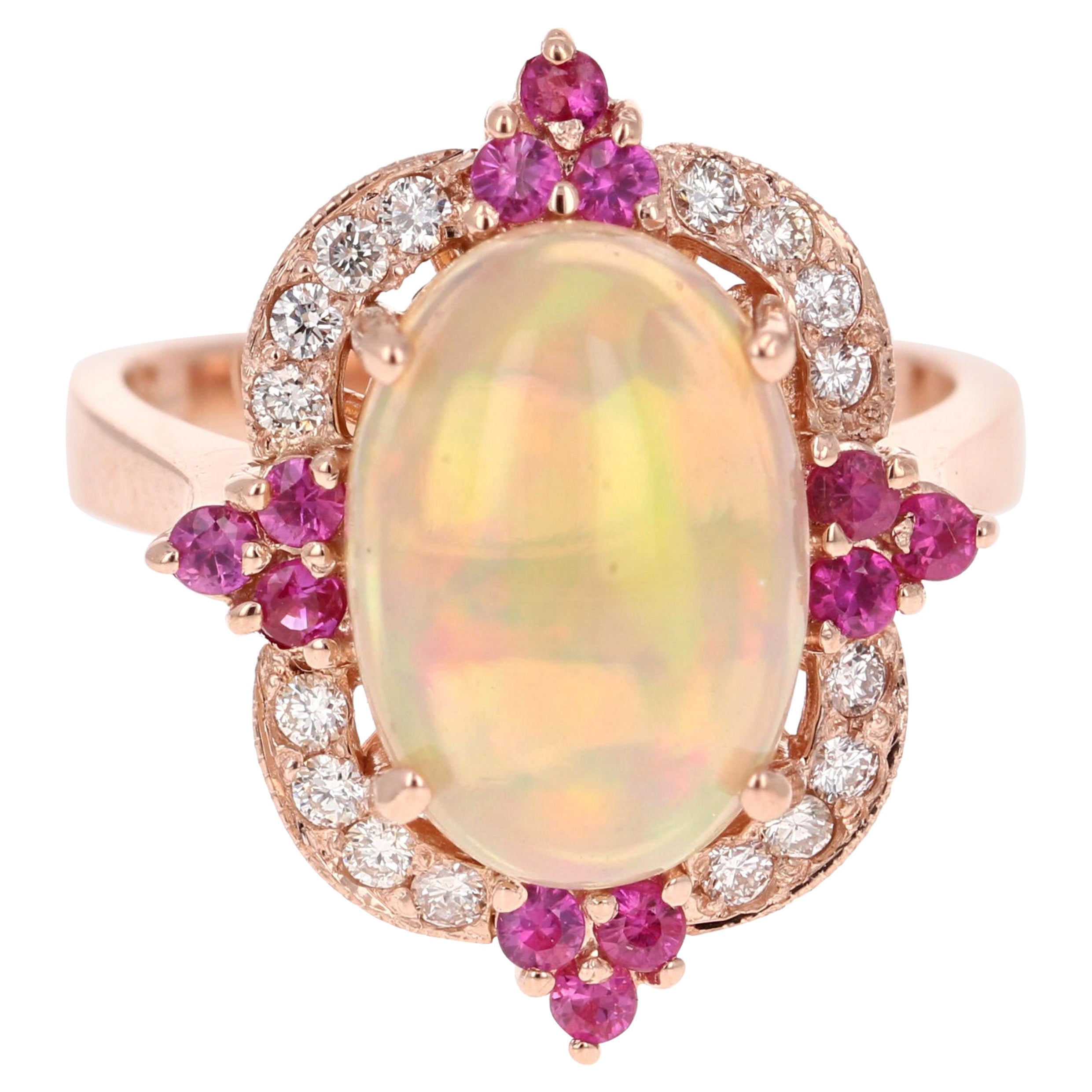 6.22 Carat Fire Opal Diamond 14 Karat Rose Gold Cocktail Ring For Sale ...