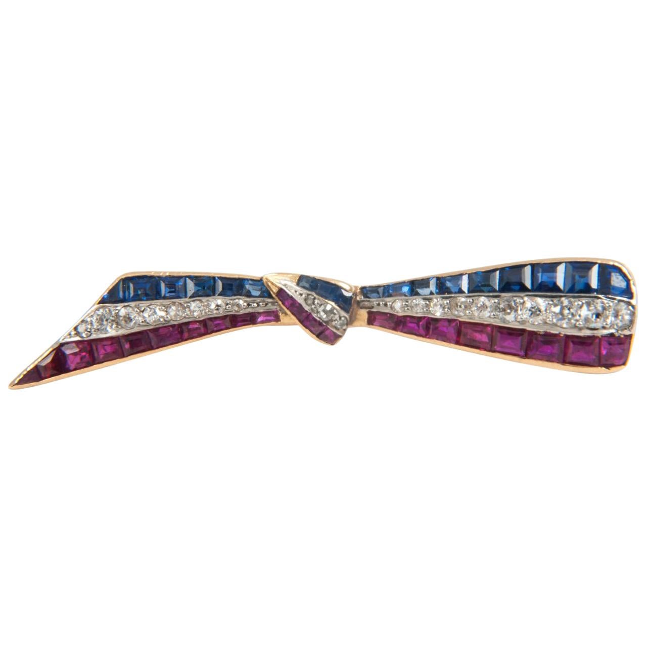 French, Tri-Color Tied Ribbon Brooch For Sale