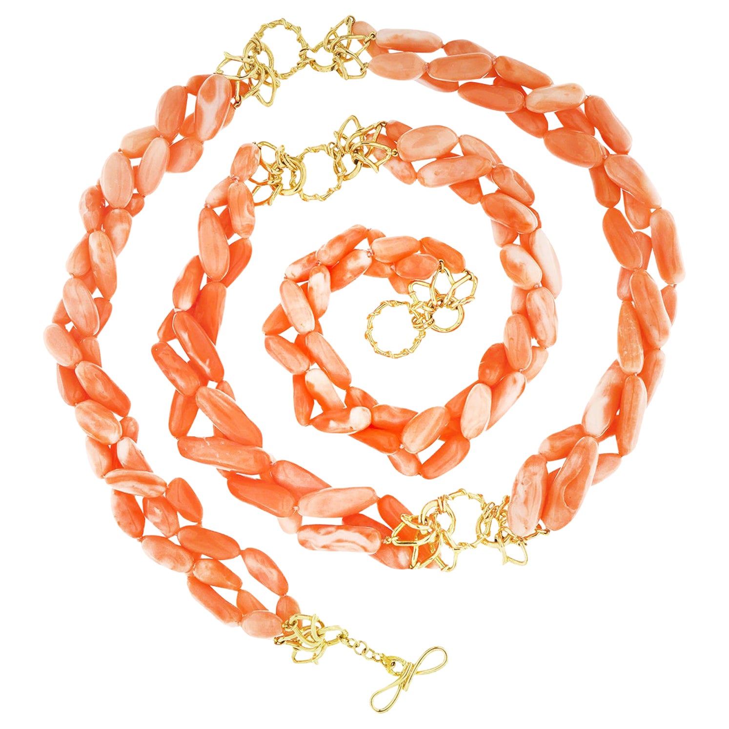 Angel Skin Coral Triple Strand Flower Necklace at 1stDibs