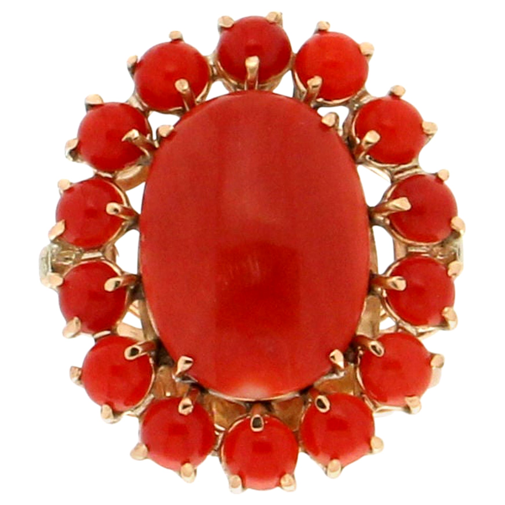 Natural Genuine Red Coral Spherical Yellow Gold Ring For Sale at 1stDibs