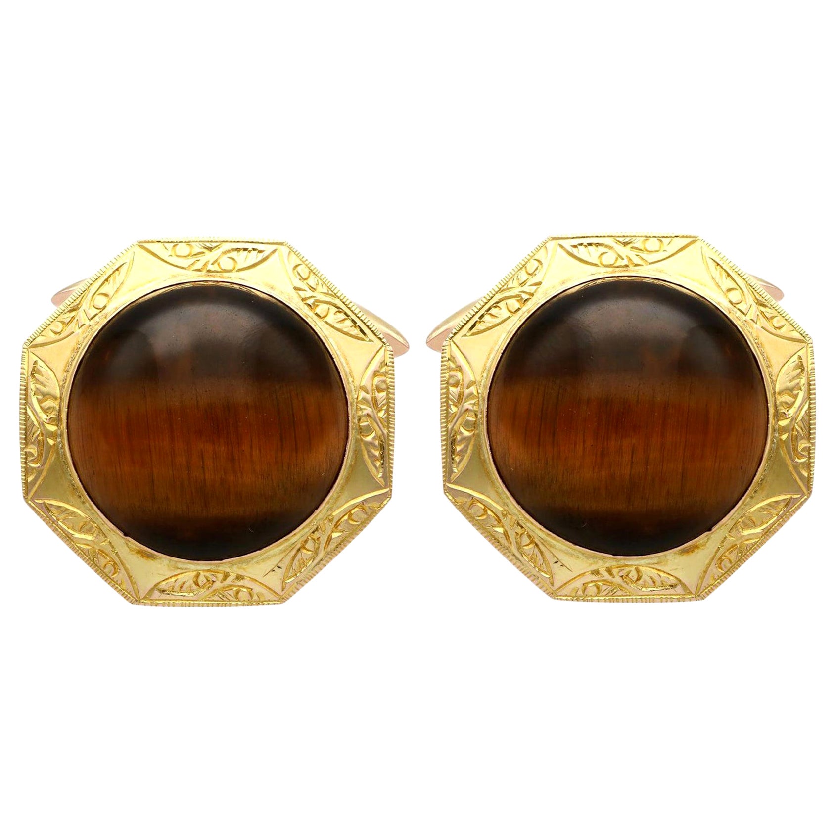 15.46 Carat Cabochon Cut Tigers Eye and Yellow Gold Cufflinks For Sale