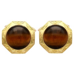 15.46 Carat Cabochon Cut Tigers Eye and Yellow Gold Cufflinks