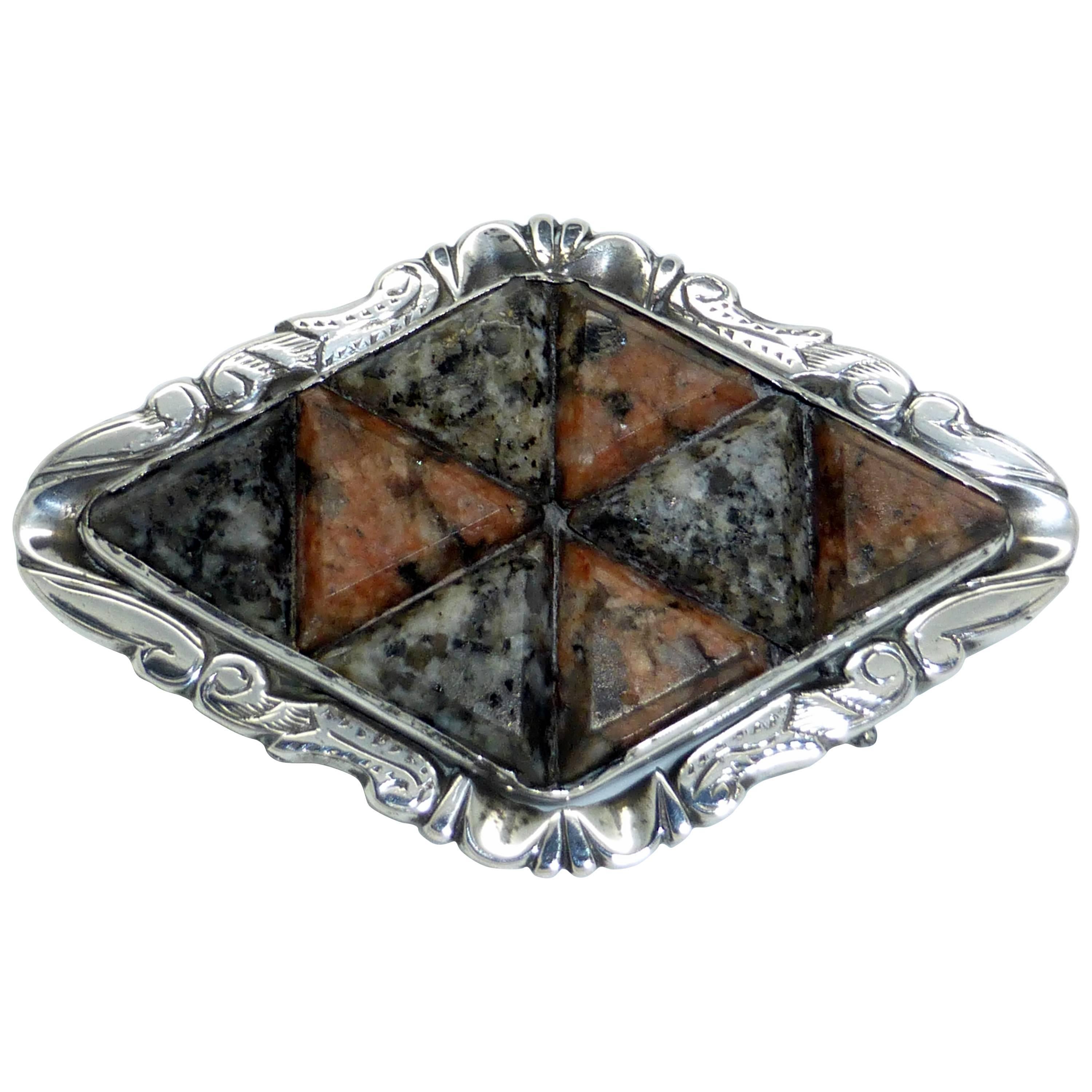 Victorian Sterling Silver-Mounted Slate Backed Scottish Agate Brooch For Sale