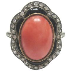 Art Deco Coral Onyx Diamond Ring 2