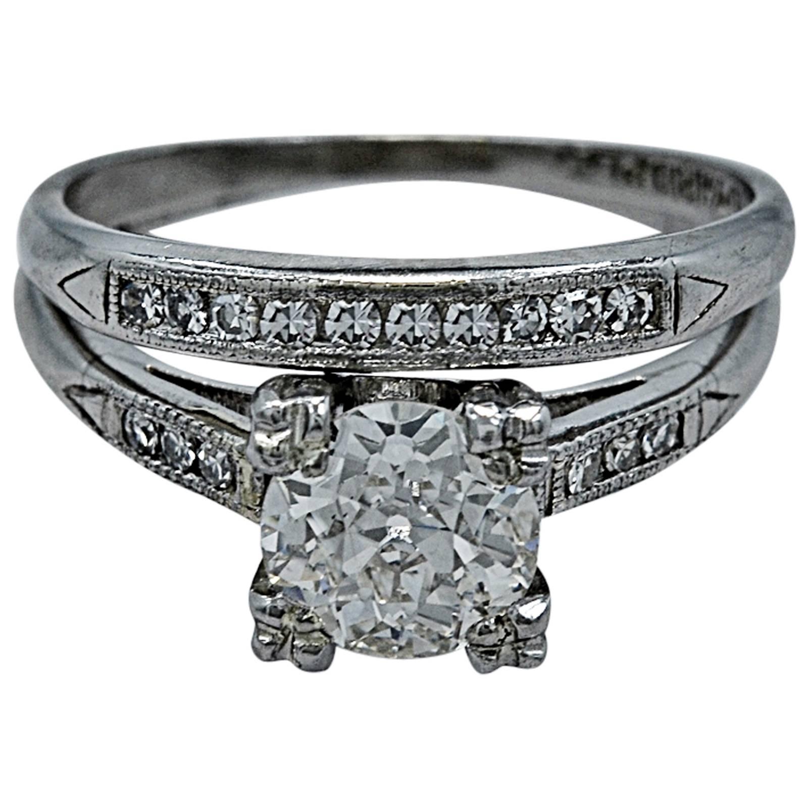 Art Deco .85 Carat Diamond Platinum Engagement Ring Wedding Set