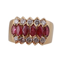 18 Kt Yellow Gold, 1.95 cts Marquise Rubies & Round Brilliant Diamonds Band Ring