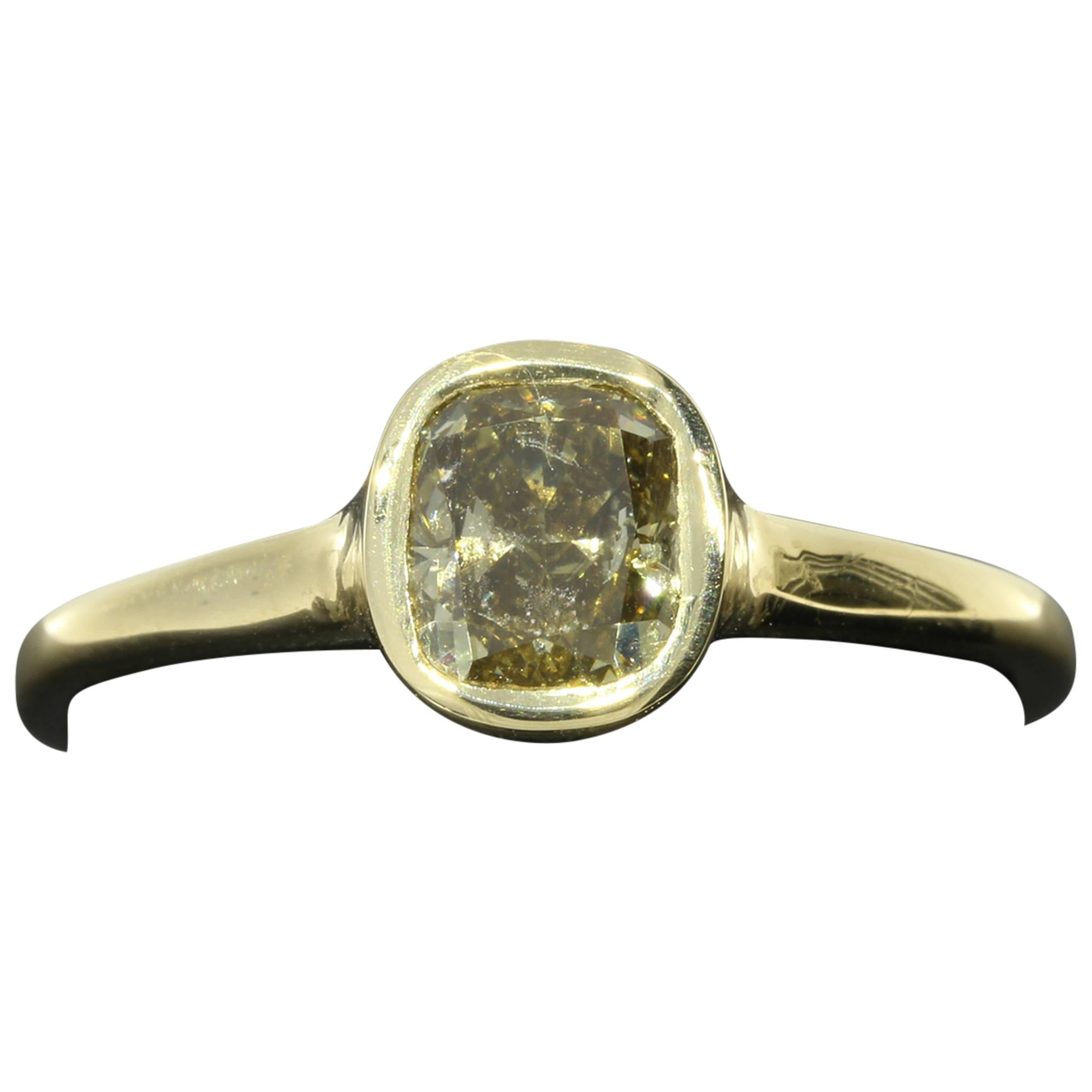 1.01 Carat Cushion GIA Cert Brown/Green Diamond Gold Bezel Ring