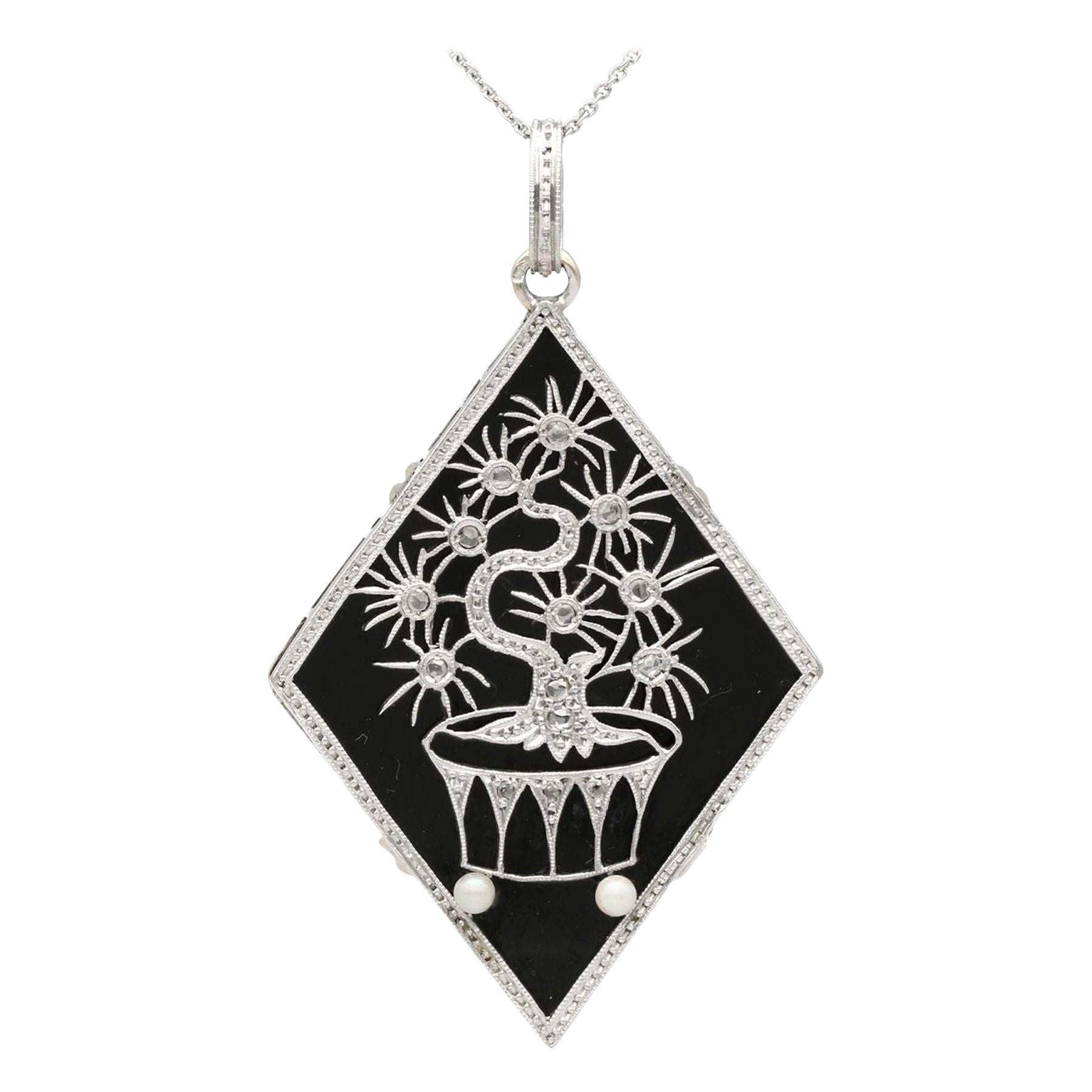 Black Onyx Diamond and Pearl Gold and Platinum Pendant Art Deco For Sale
