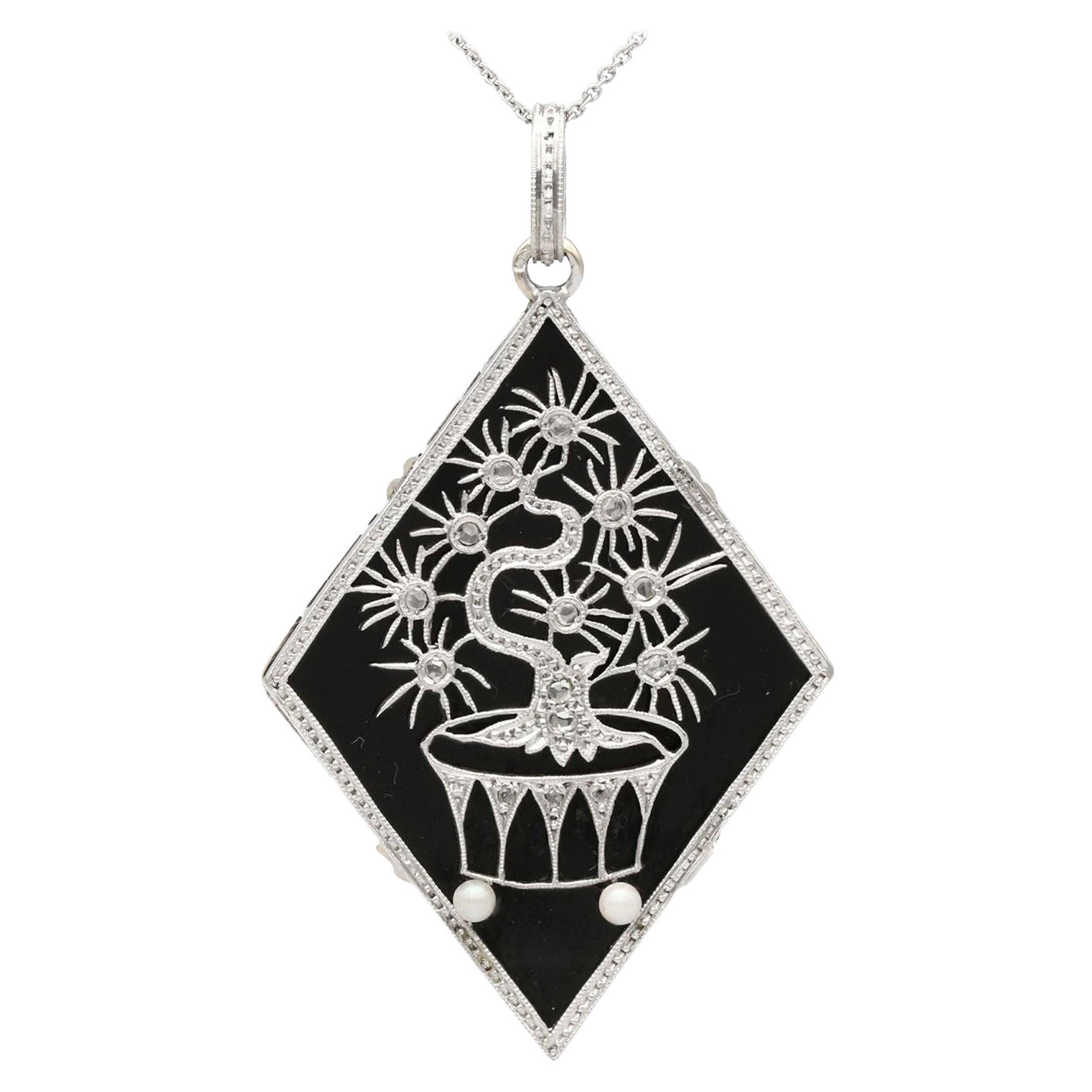 Black Onyx Diamond and Pearl Gold and Platinum Pendant Art Deco