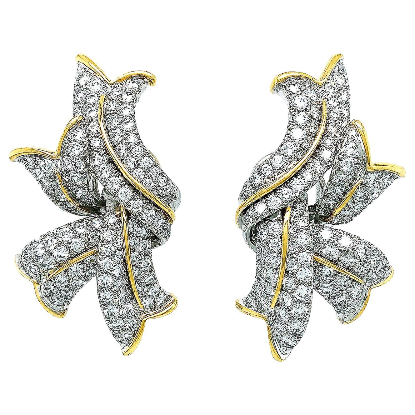 18K Yellow Gold and Platinum Diamond Flame Earrings