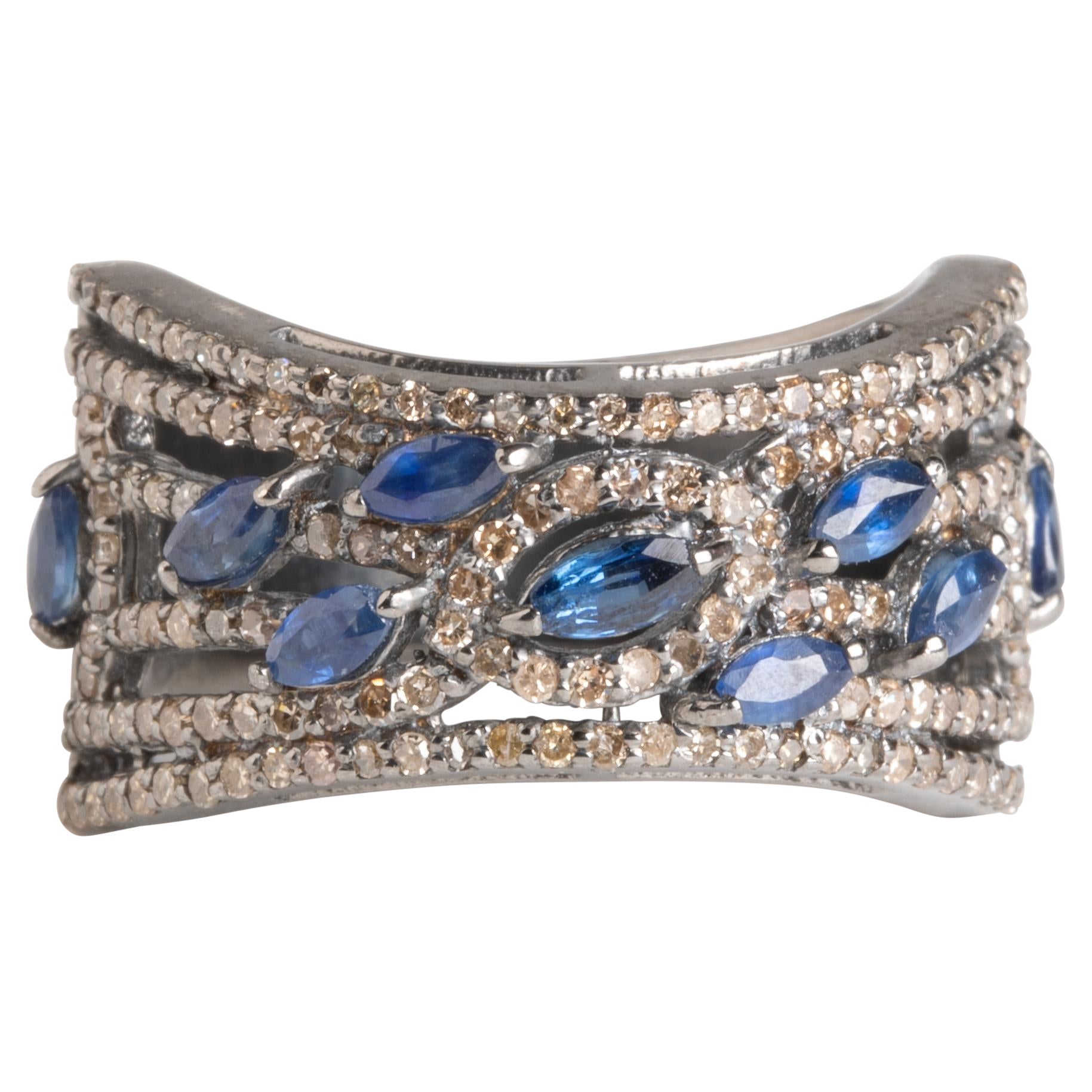 Marquise Blue Sapphire and Diamond Ring For Sale