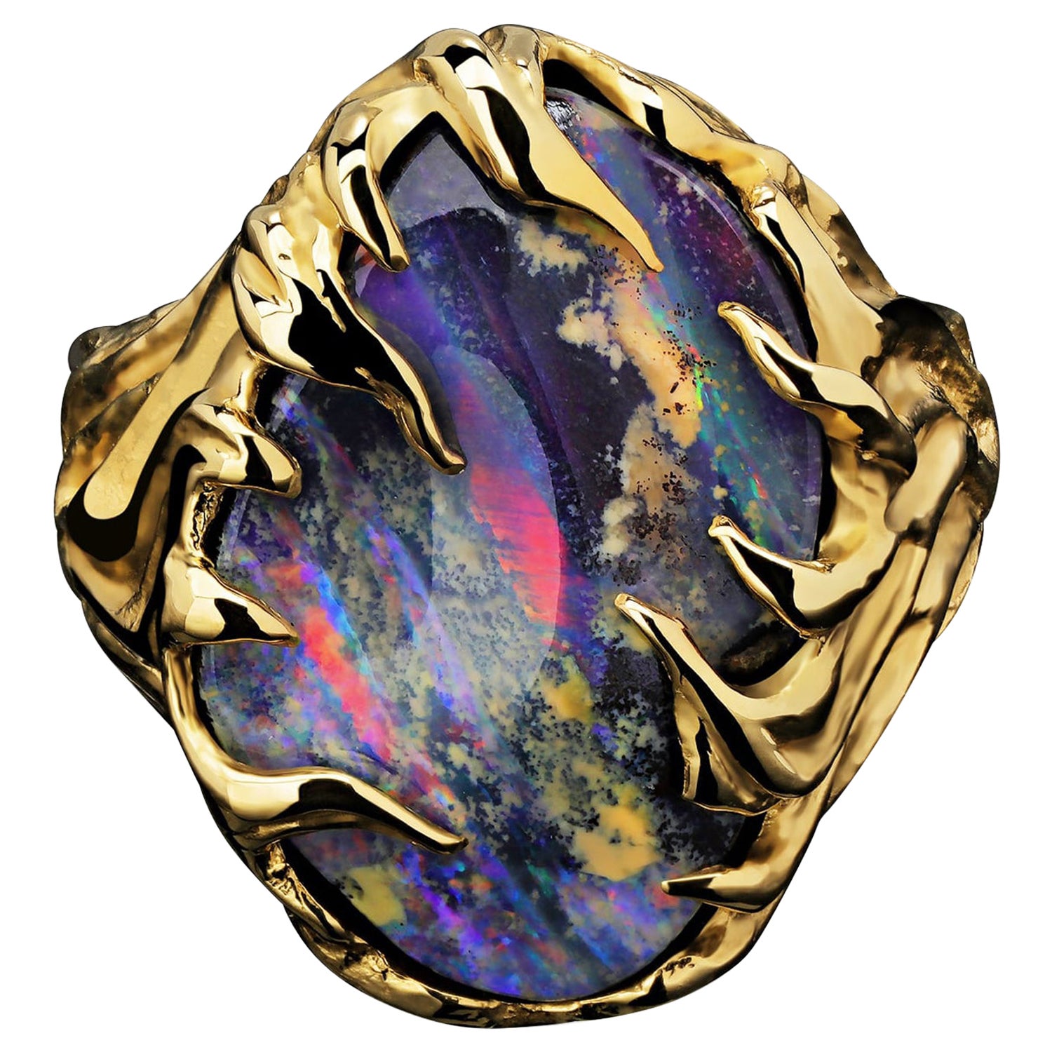 Boulder Opal Ring Gold 14K Gemstone Unisex Jewelry Christmas Gift Mens Bold Ring For Sale at 1stDibs