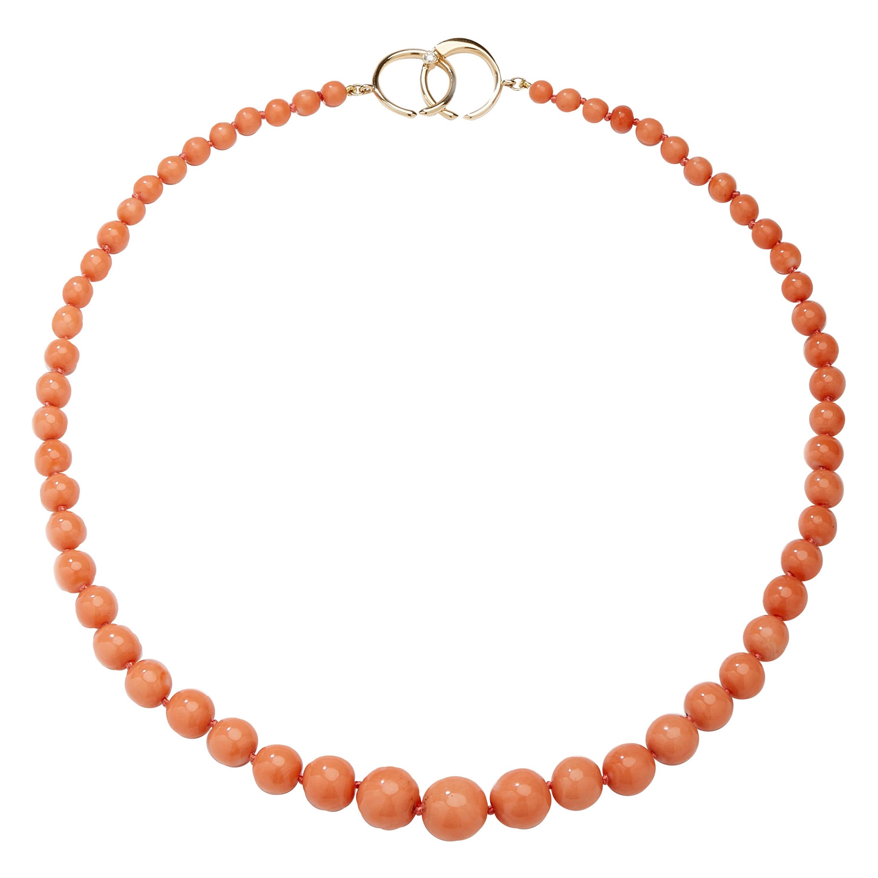 Syna Salmon Coral Yellow Gold Bead Necklace For Sale