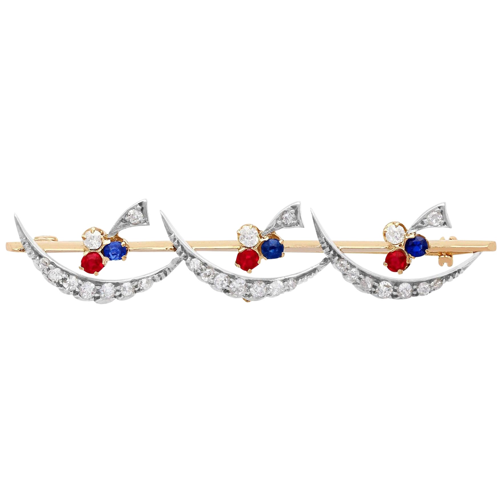 Antique Victorian 1880s Diamond Ruby and Sapphire Yellow Gold Bar Brooch For Sale