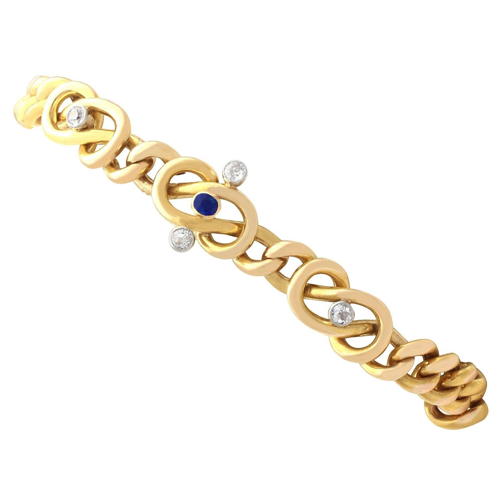 Antique Sapphire and Diamond Yellow Gold Curb Bracelet For Sale