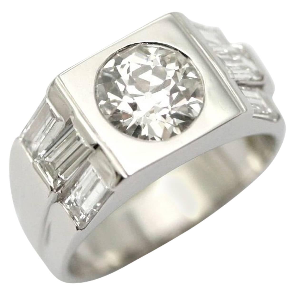 1930s 1.57 Carat Round Diamond Platinum signet  Band ring