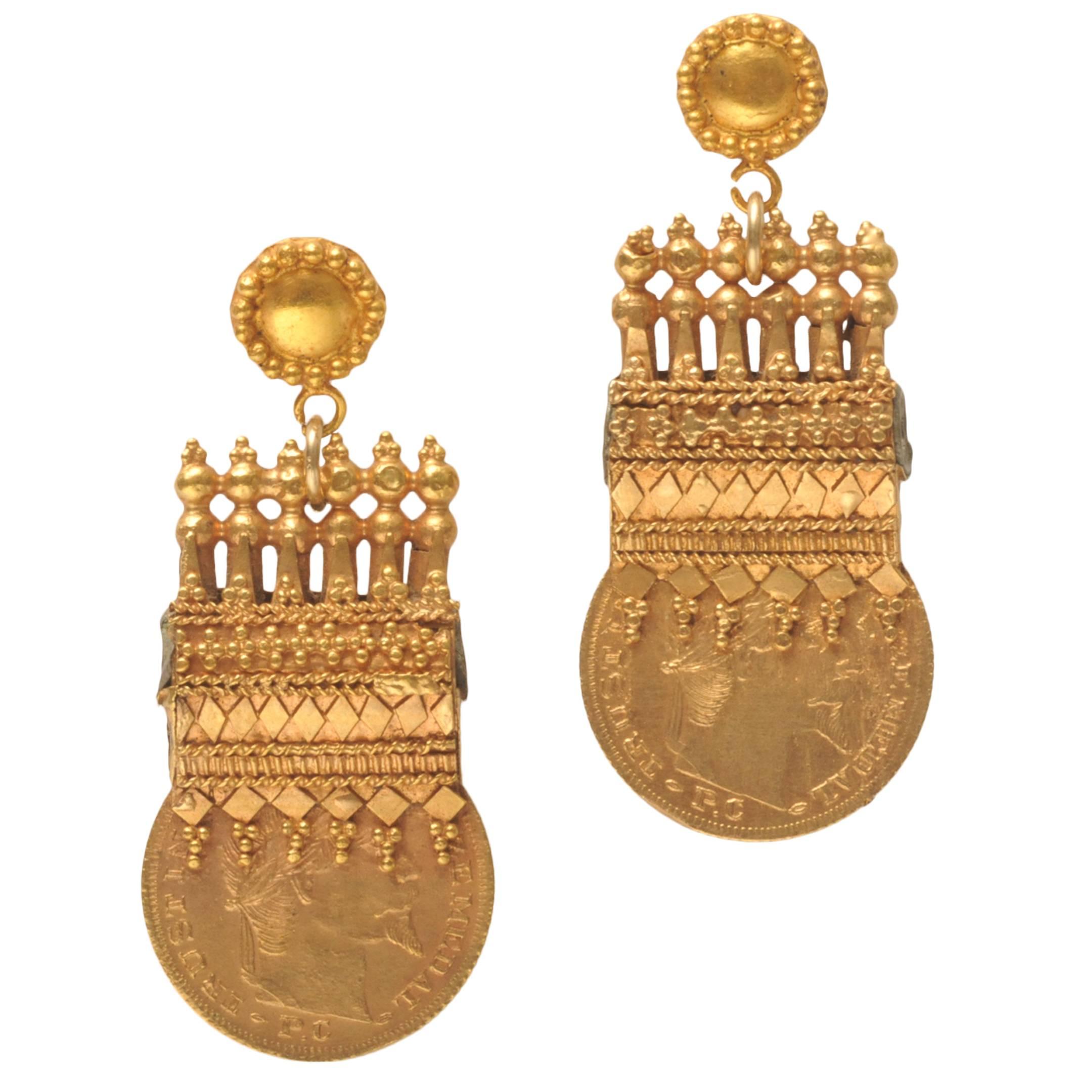Early 1900s Etruscan Design 22 Karat Gold Coin Earrings