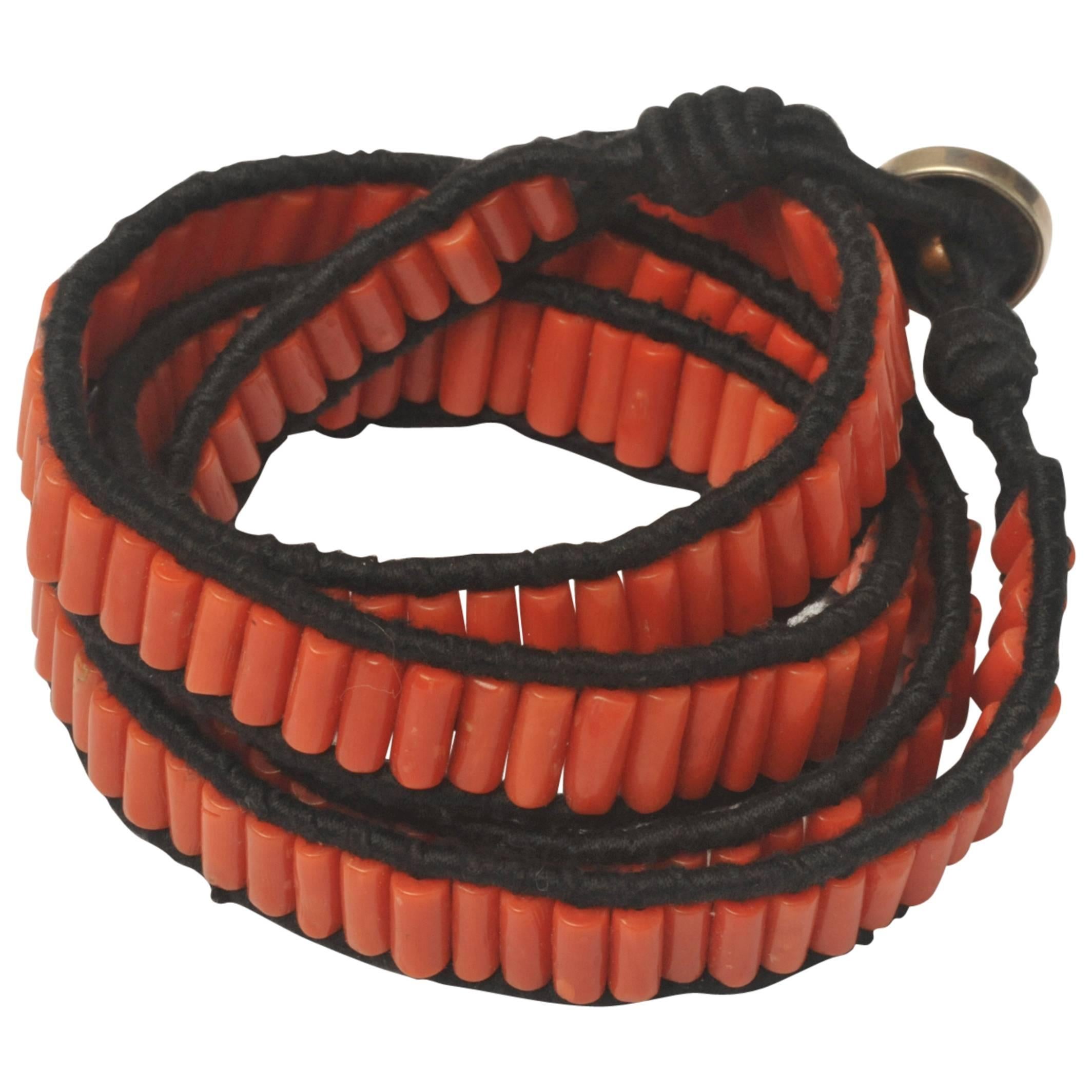 Coral and Cotton Wrap Bracelet