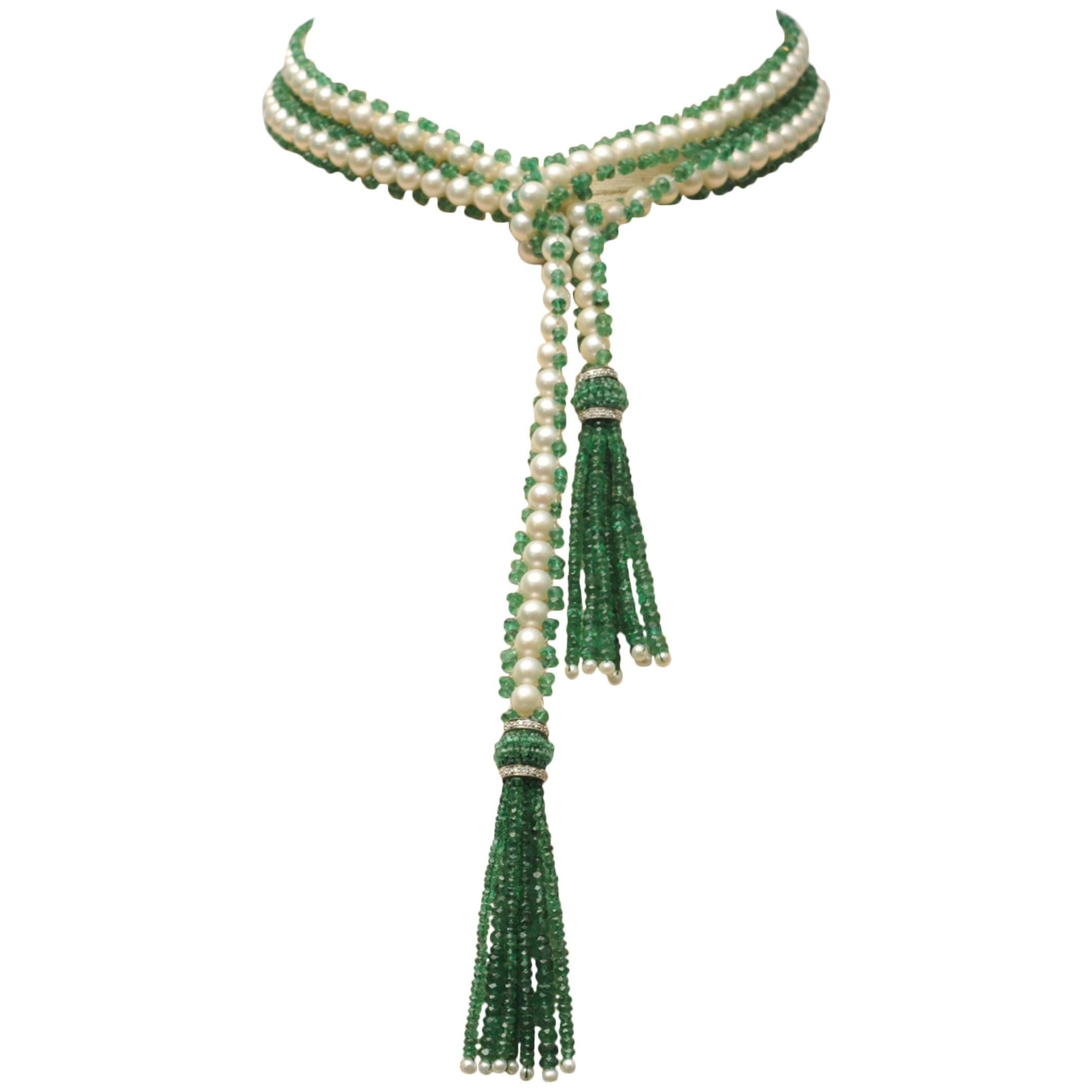 Emerald Pearl Diamond Gold Rondelle Lariat Necklace