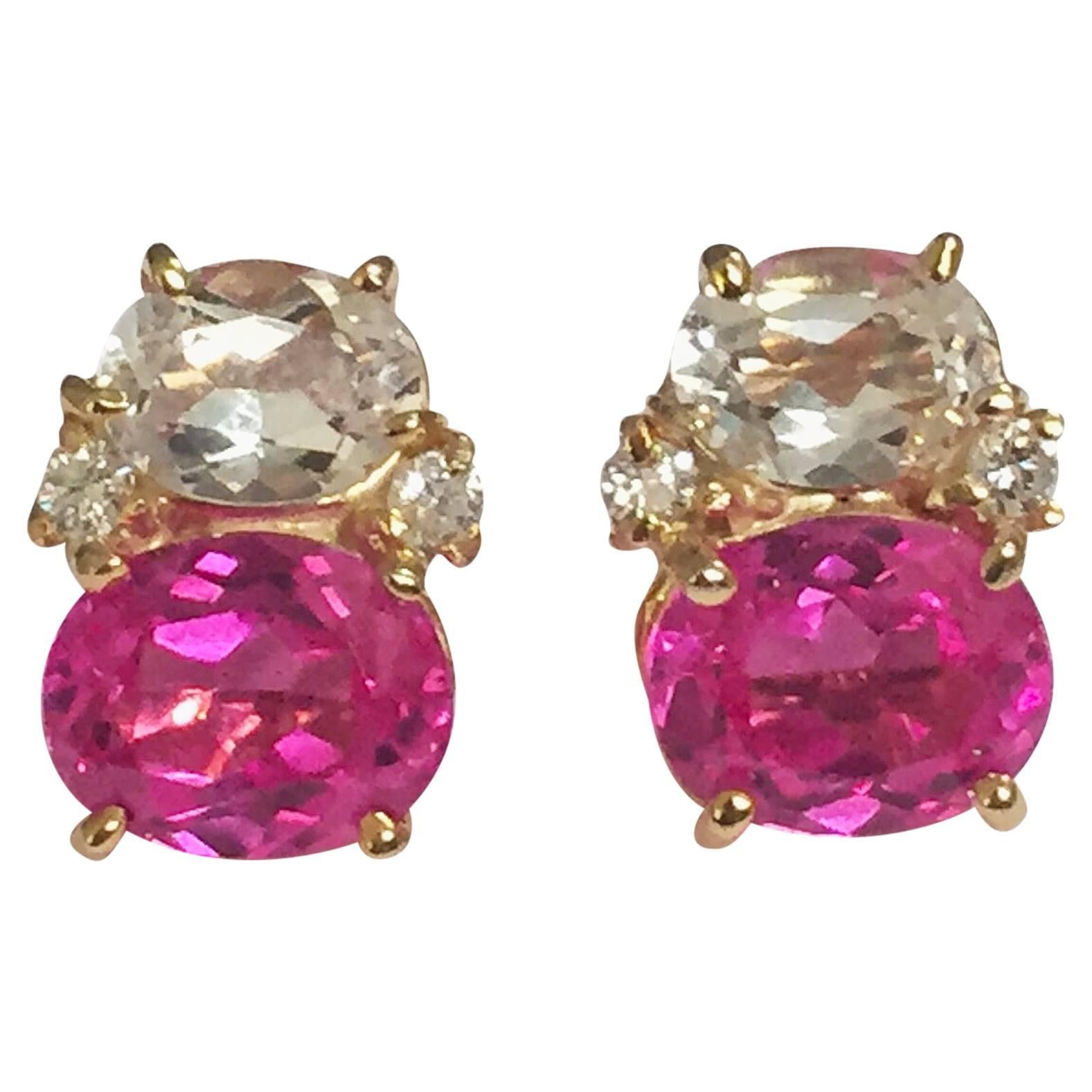 Mini GUM DROP Earrings with Rocky Crystal and Pink Topaz and Diamonds For Sale