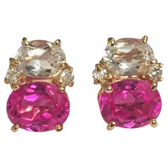 Mini boucles d'oreilles GUM DROP en cristal de roche, topaze rose et diamants