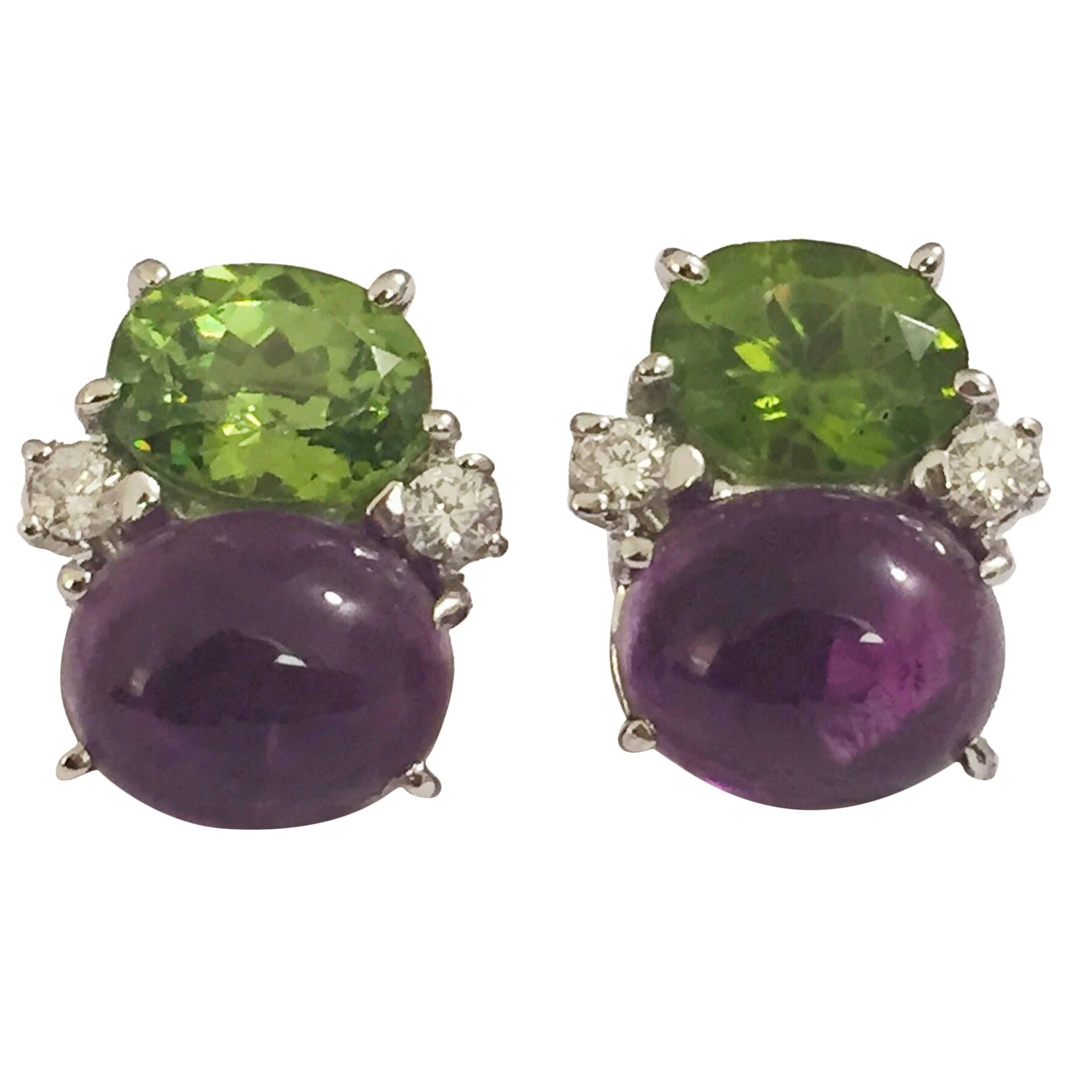 Medium GUM DROP™ Earrings with Peridot and Cabochon Amethyst and Diamonds For Sale