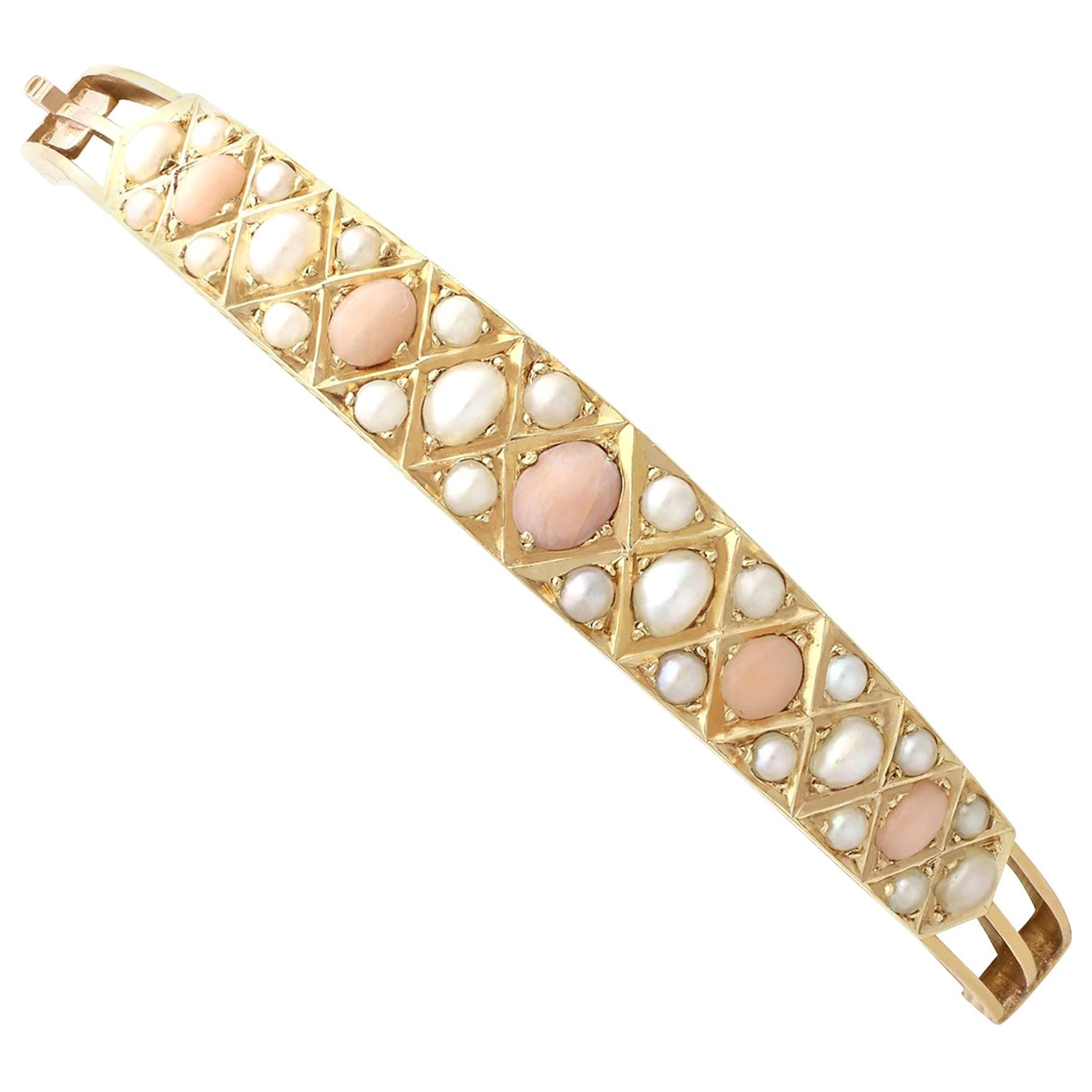 1880s Antique Victorian Coral and Seed Pearl Yellow Gold Bangle For Sale