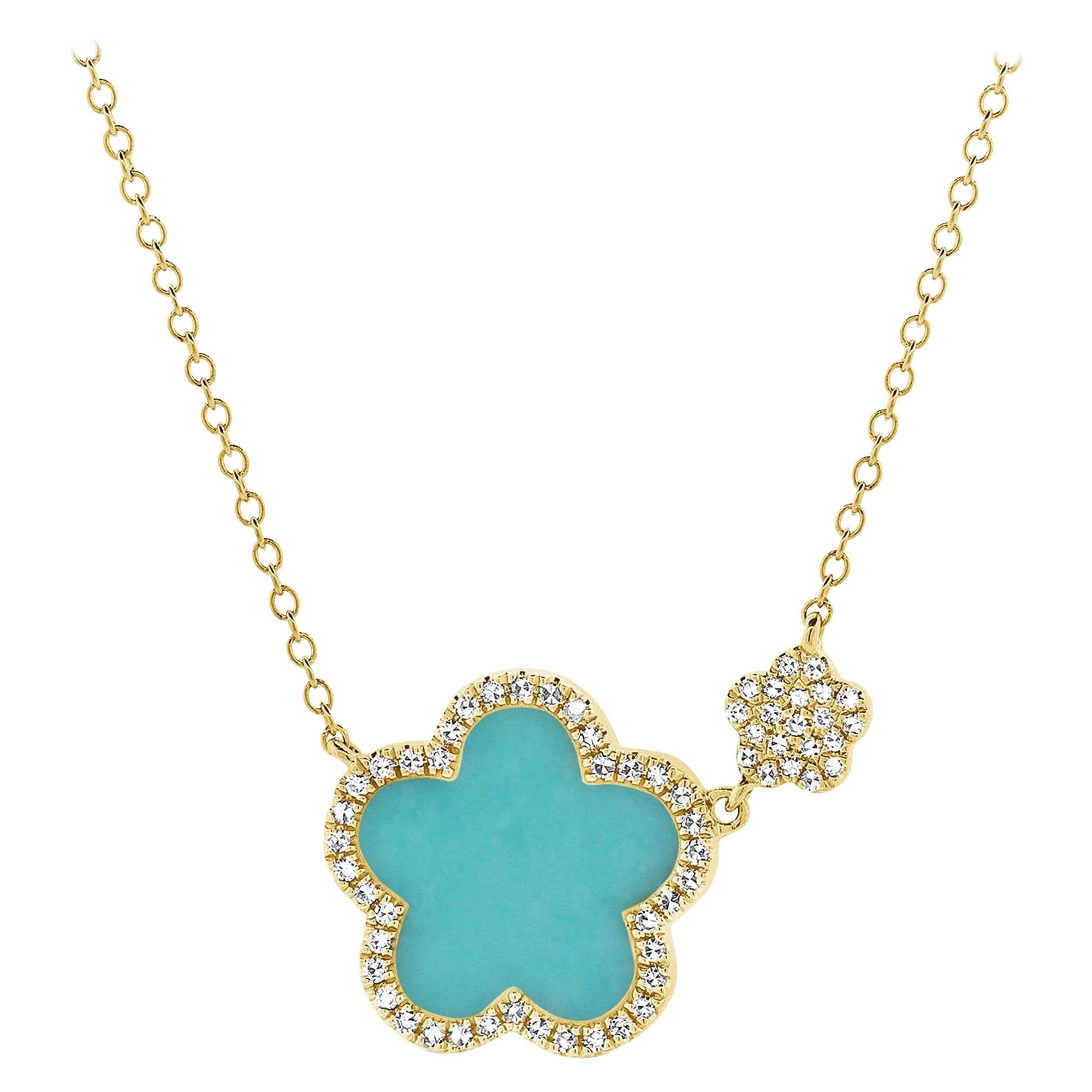 Collier pendentif fleur en or jaune 14 carats, diamant 0,17 carat et turquoise