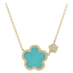 14 Karat Yellow Gold 0.17 Carat Diamond & Turquoise Flower Pendant Necklace