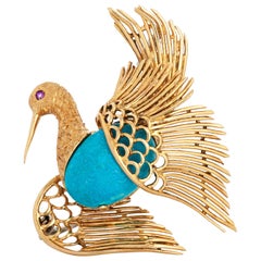 Vintage Cartier 18 Karat Yellow Gold Turquoise and Ruby Swan or Bird Brooch