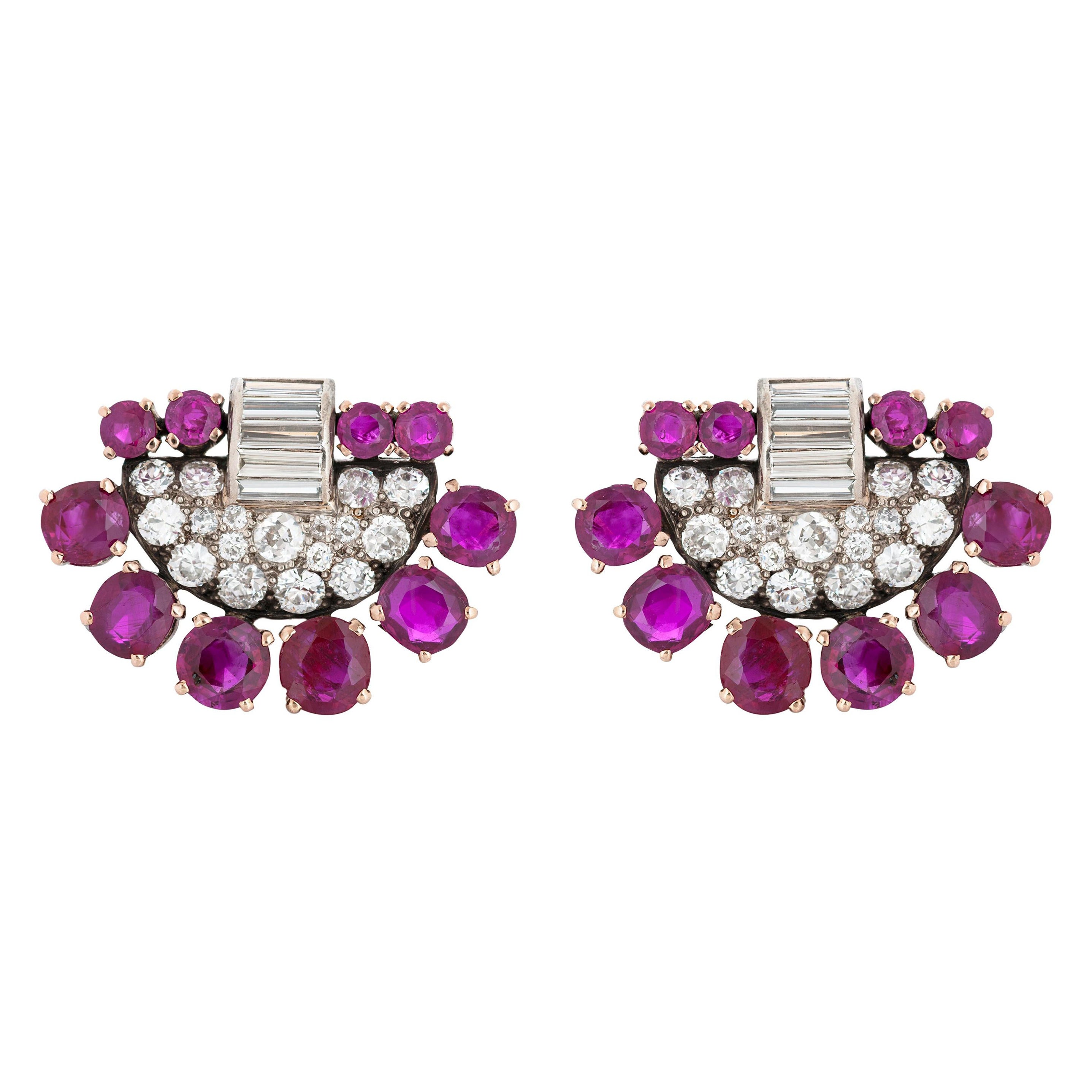 Art Deco Platinum and 14ky 12.00 Carat Unheated Burma Ruby Diamond Earrings