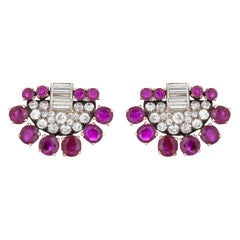 Antique Art Deco Platinum and 14ky 12.00 Carat Unheated Burma Ruby Diamond Earrings