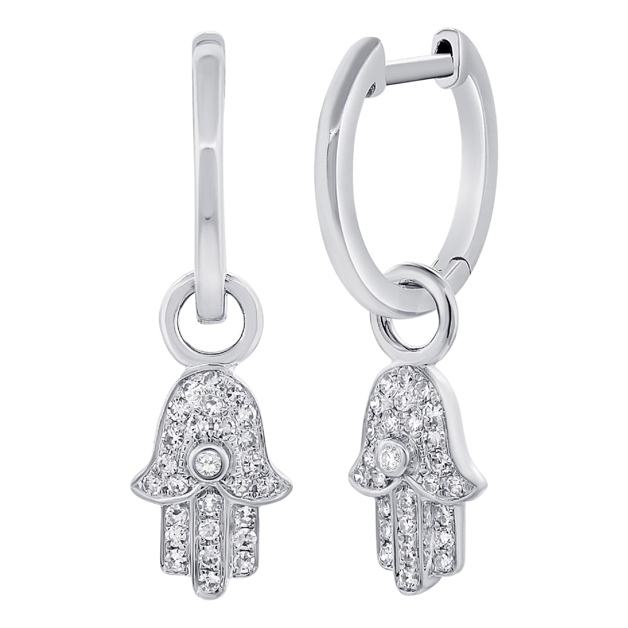 14 Karat White Gold 0.17 Carat Diamond Dangling Hamsa Earrings For Sale
