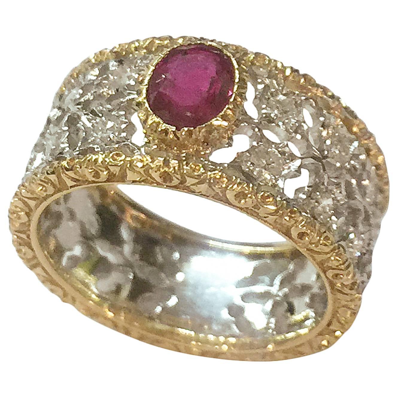 Buccellati ruby diamond two color gold ring
