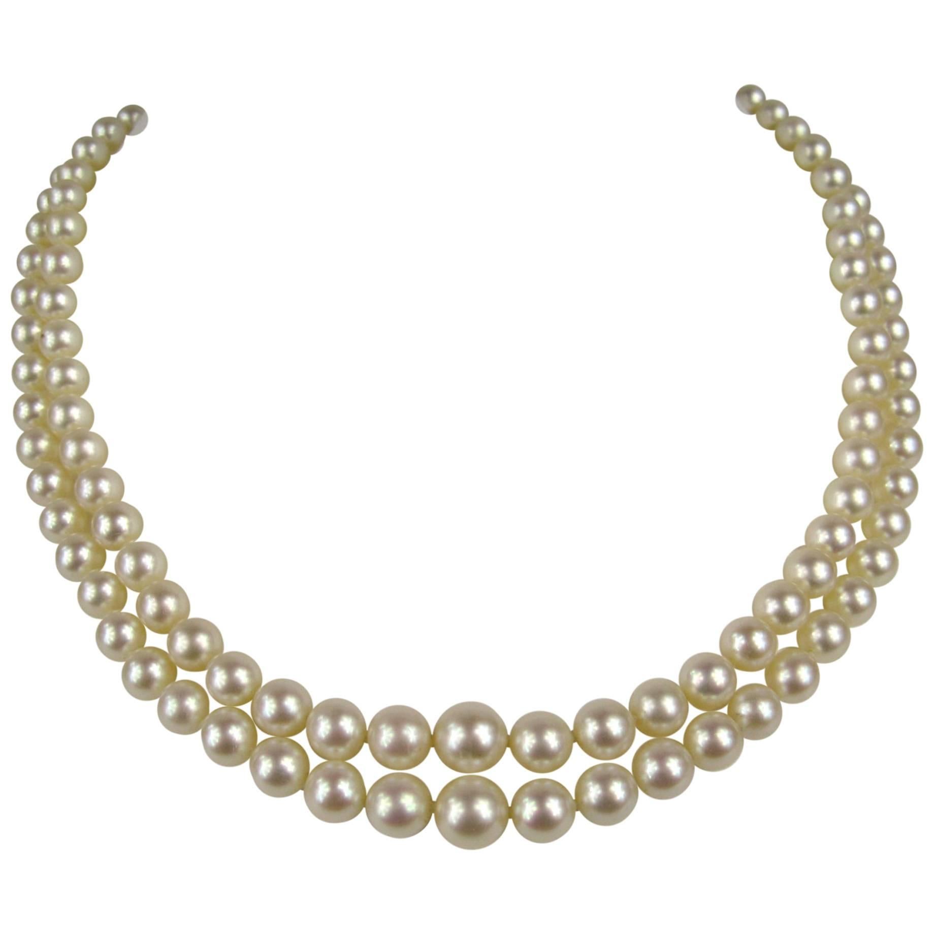 Elegant Classic 1920s Double Strand Pearl Diamond White Gold Necklace