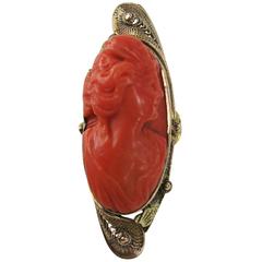 Victorian Hand Carved Coral Cameo Oval Gold Ring 7