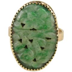 Antique Yellow Gold CARVED Jade Ring 4