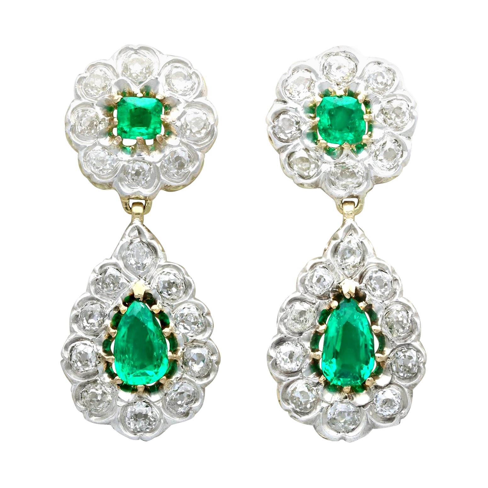 Antique Victorian 3.18 Carat Emerald and 3.23 Carat Diamond Drop Earrings For Sale