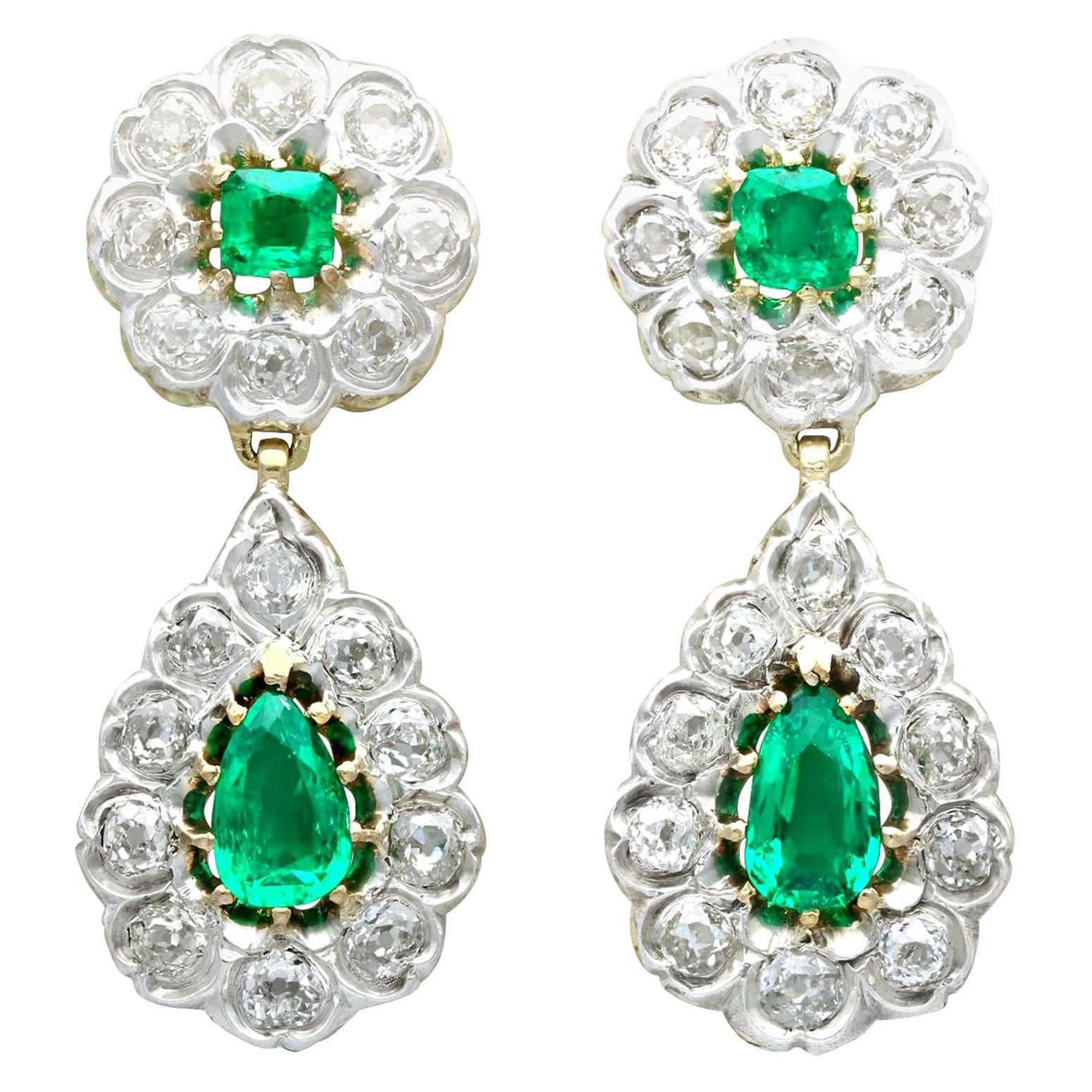 Antique Victorian 3.18 Carat Emerald and 3.23 Carat Diamond Drop Earrings