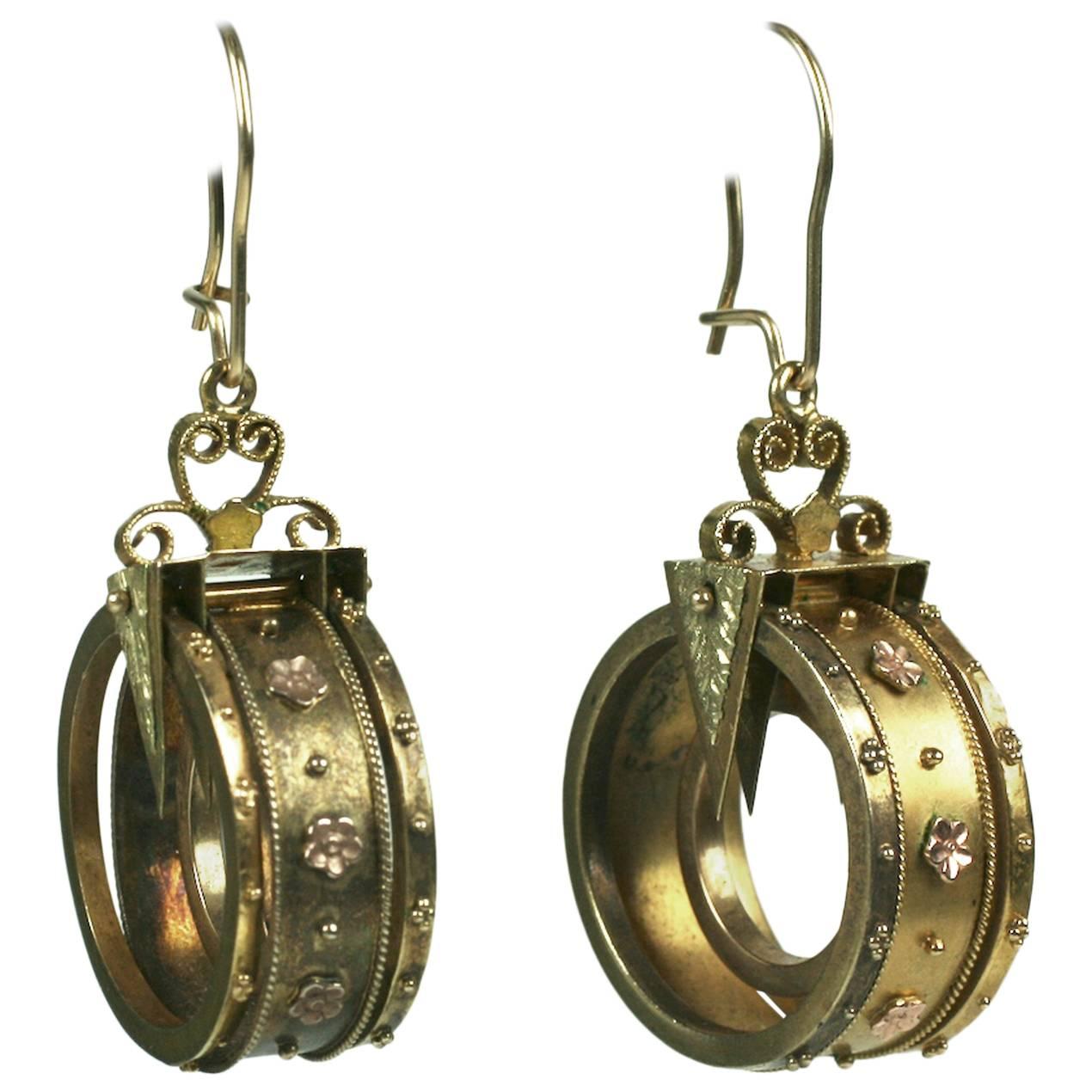 Unusual Gold Victorian Revivalist Earrings For Sale