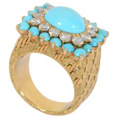 Vintage Turquoise Diamond Gold Cocktail Ring