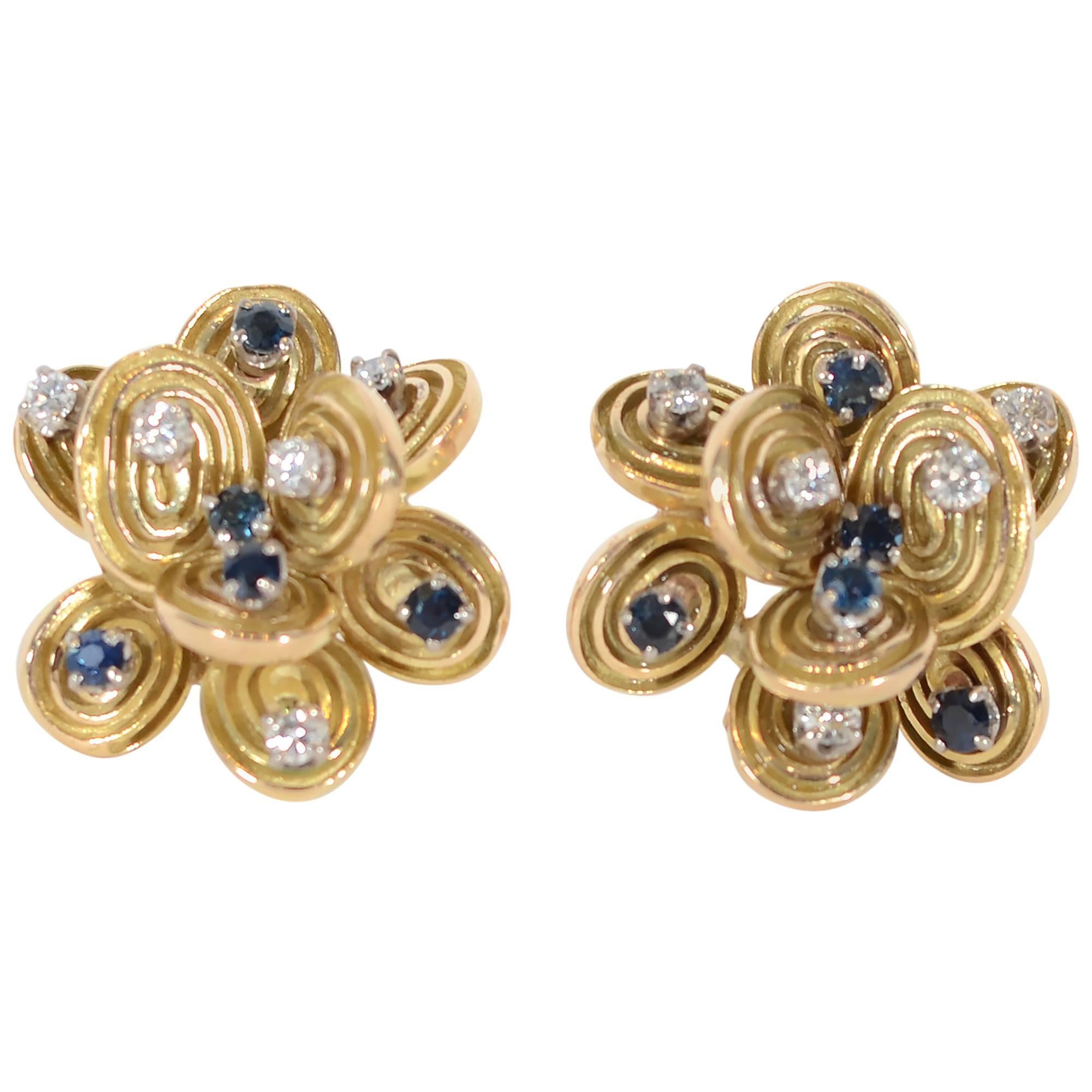 Sapphire Diamond Gold Stud Earrings For Sale