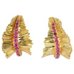 Vintage Tiffany Gold and Ruby Leaf Earrings