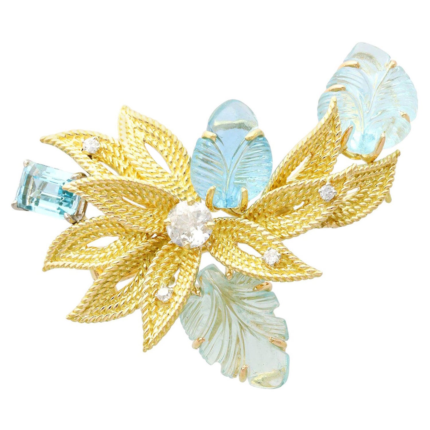 12.5 Carat Aquamarine Diamond Yellow Gold Brooch For Sale