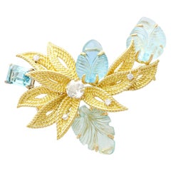 Retro 12.5 Carat Aquamarine Diamond Yellow Gold Brooch