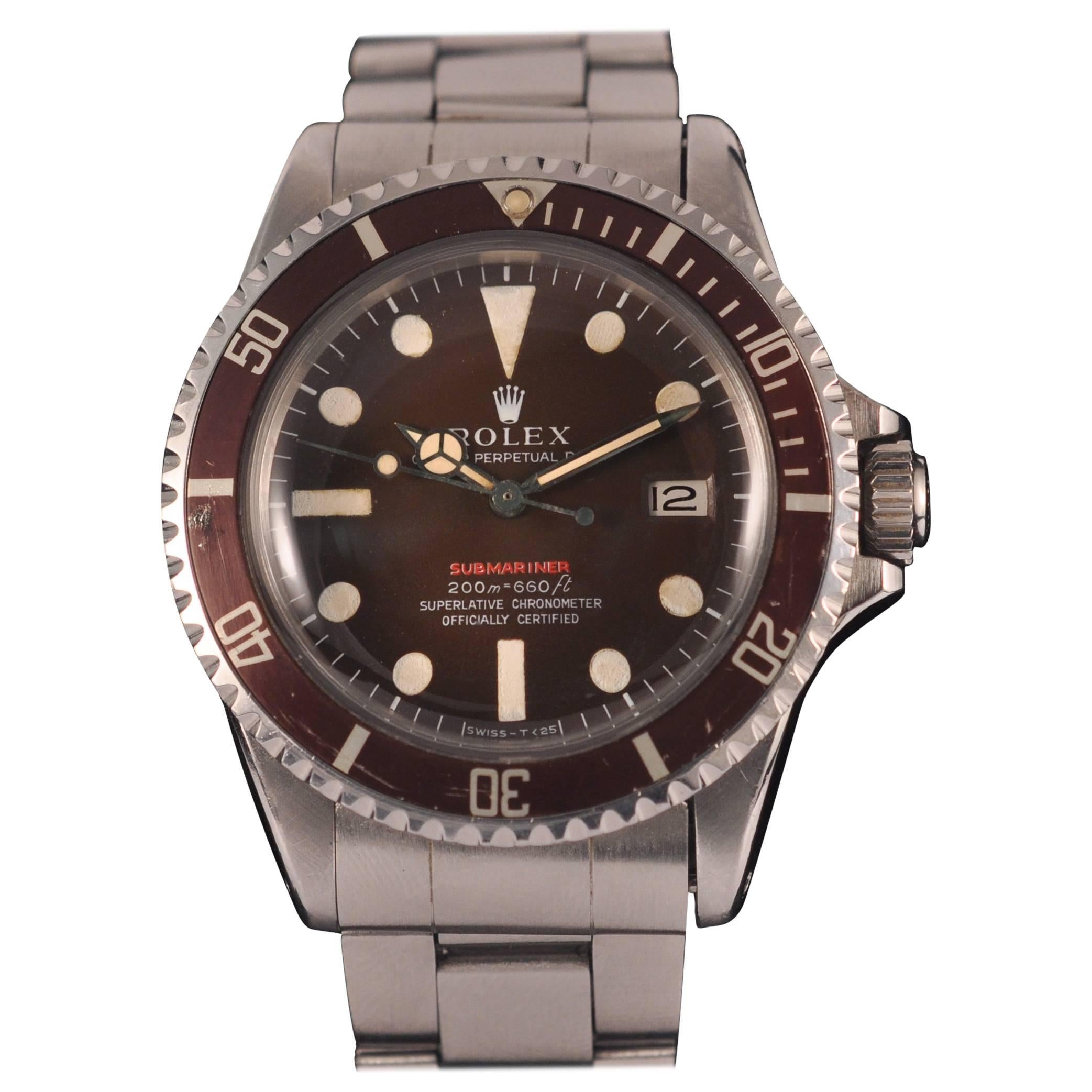 Rolex Stainless Steel Red Submariner Tropical Dial wristwatch  For Sale