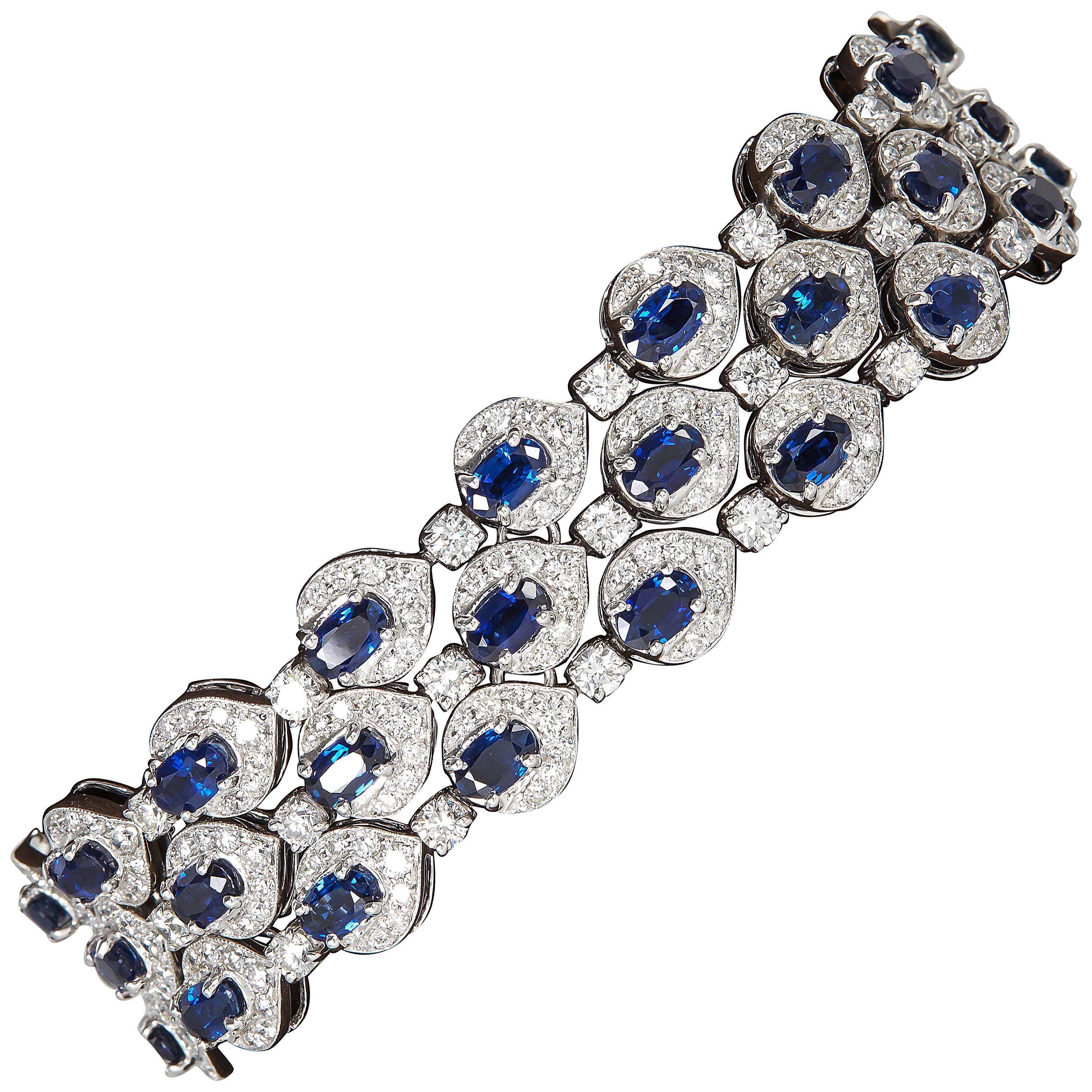 Three-Row Sapphire Diamond Gold Bracelet For Sale
