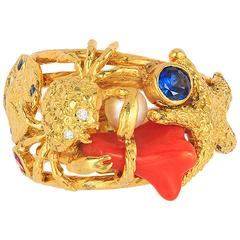 Whimsical gold ring with Crab and Coral