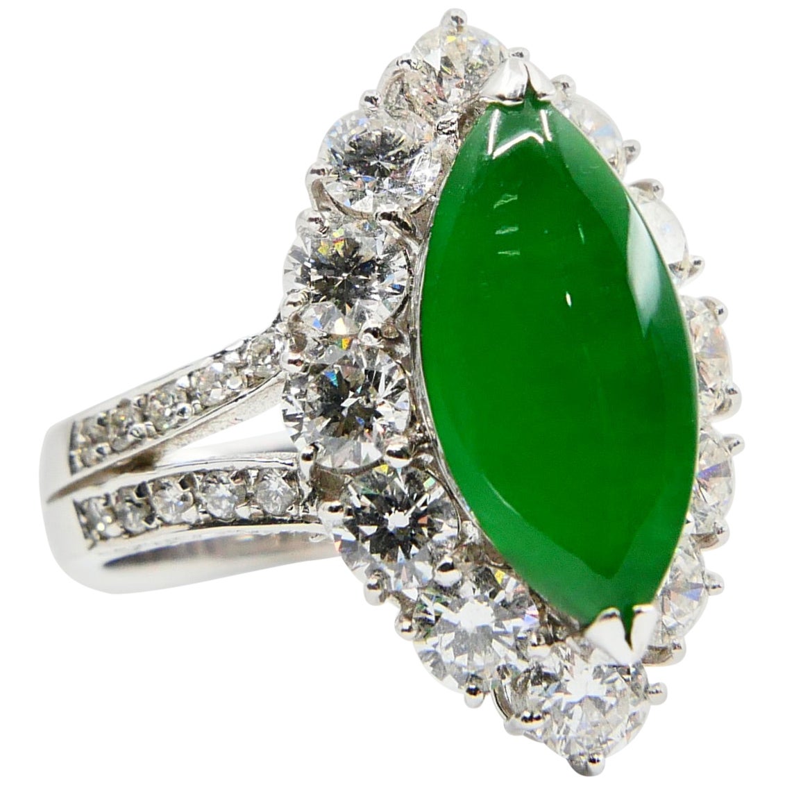 Imperial Green Jadeite jade Marquise Shape cabochon and Diamond Ring